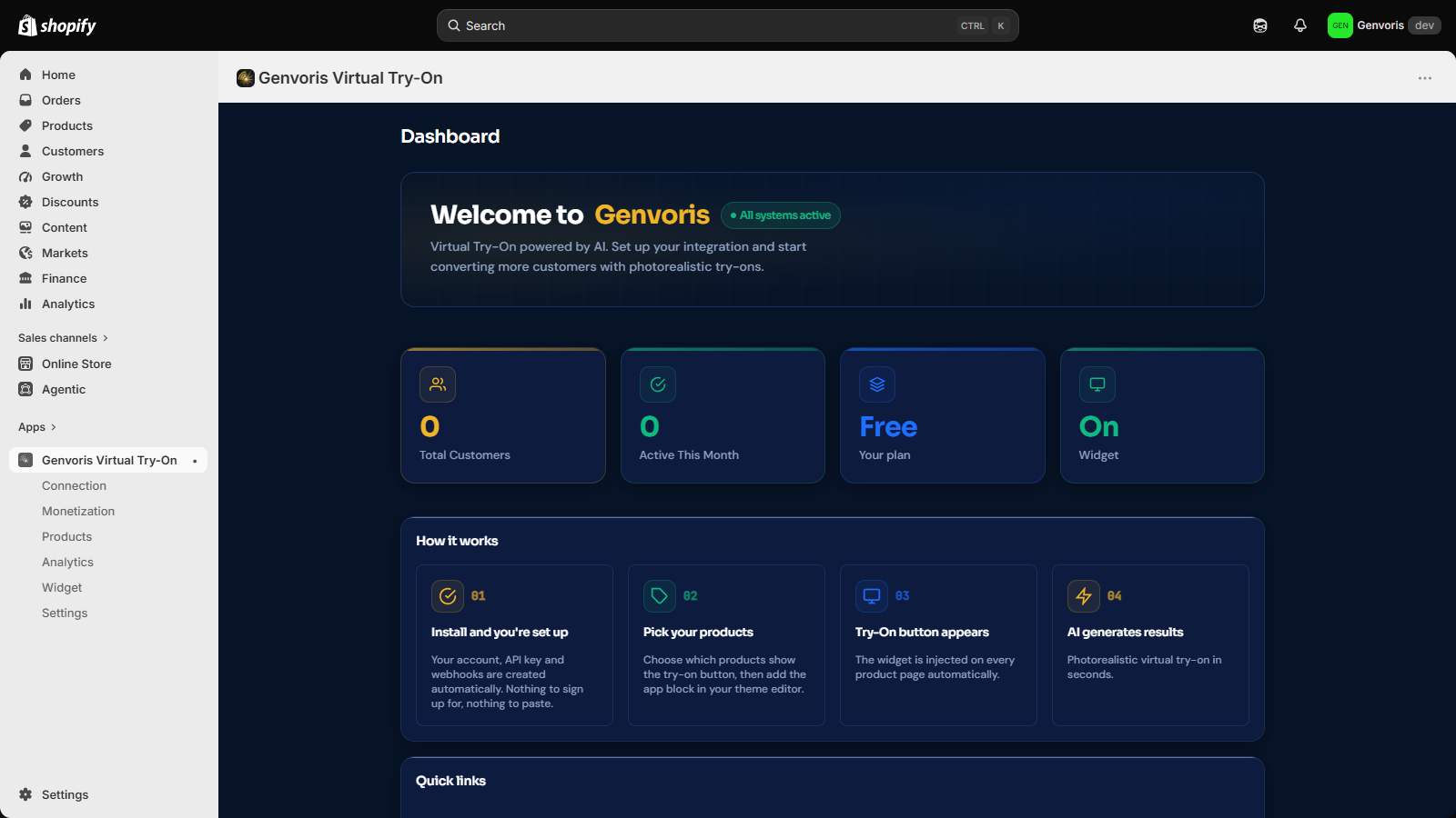 App dashboard after install