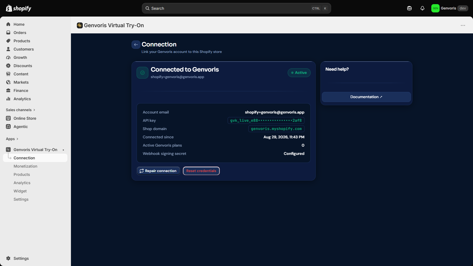 Connection page showing an active connection