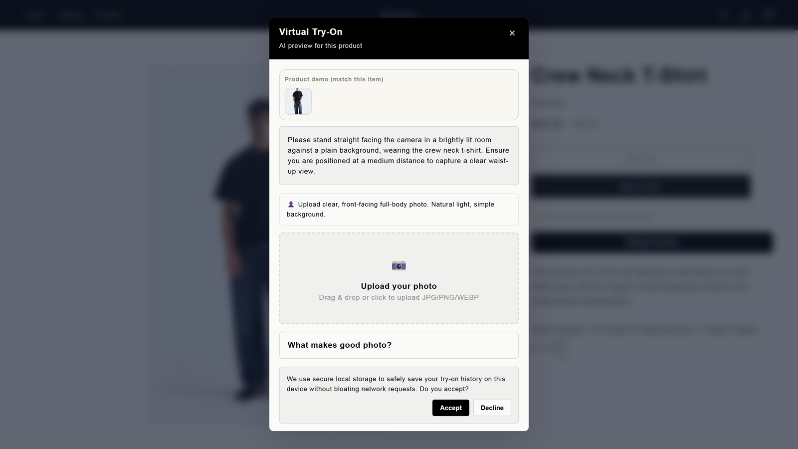 Try-on upload step with AI-written photo guidance